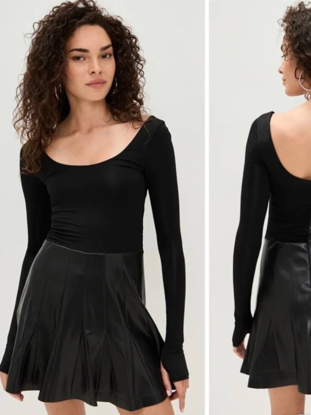 Alice + Olivia Arden Vegan Leather Scoop Neck Pleated Mini Dress Black NWT